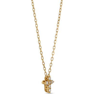 Classic Diamond Mini Cross Necklace, 0.12 Carat Total Weight, 14K Yellow Gold