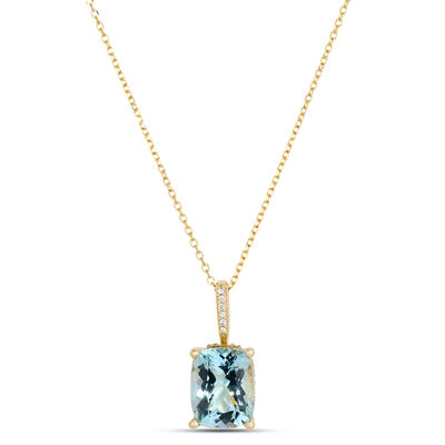 Cushion Aquamarine and Diamond Necklace, 1/10 Total Carat Weight, 14K Yellow Gold