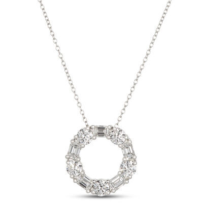 Open Circle Pendant with Emerald Cut and Round Diamonds, 2 Total Carat Weight, 14K White Gold