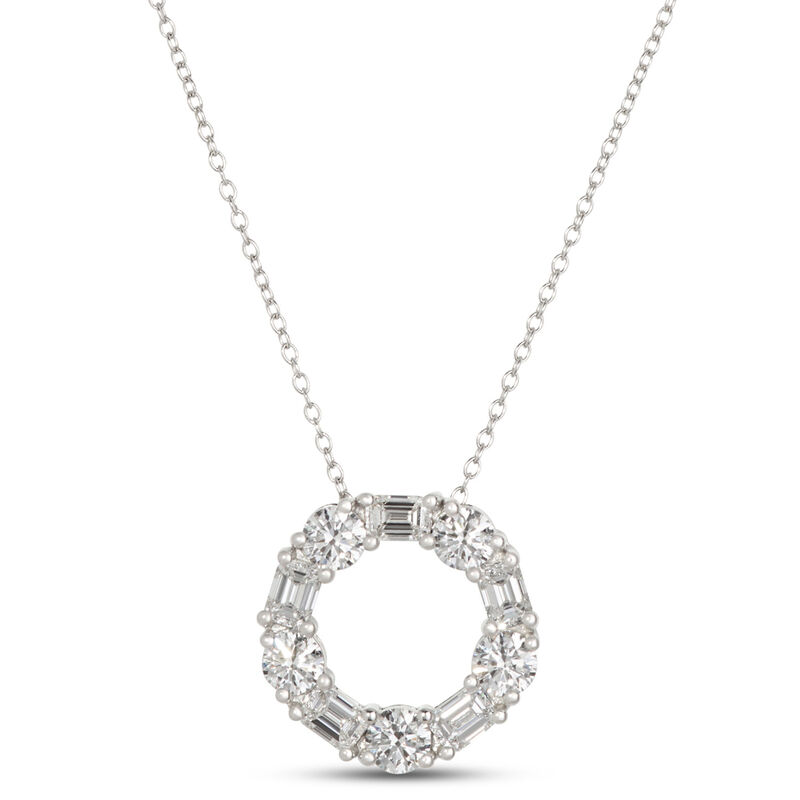 Open Circle Pendant with Emerald Cut and Round Diamonds, 2 Total Carat Weight, 14K White Gold image number 0
