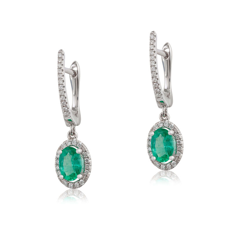 Oval Emerald & Diamond Halo Drop Earrings 14K image number 0