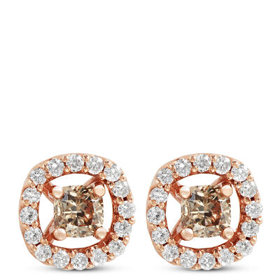 Cushion Cut Natural Brown Diamond Halo Earrings, 14K Rose Gold