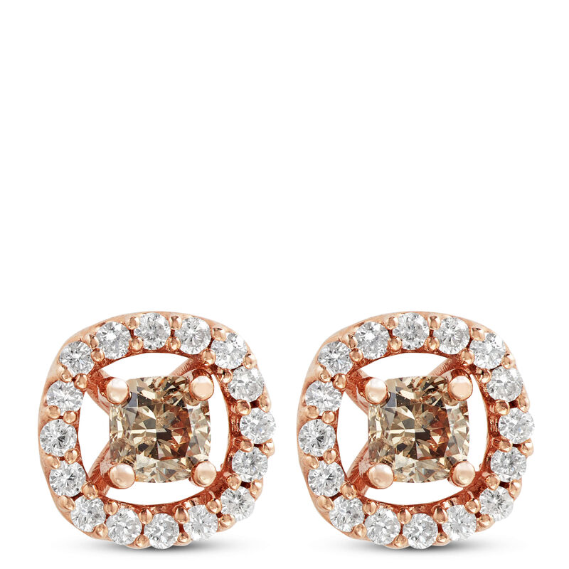 Cushion Cut Natural Brown Diamond Halo Earrings, 14K Rose Gold image number 0