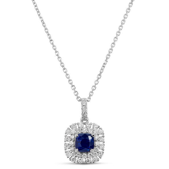 Sapphire and Diamond Halo Necklace, 18K White Gold