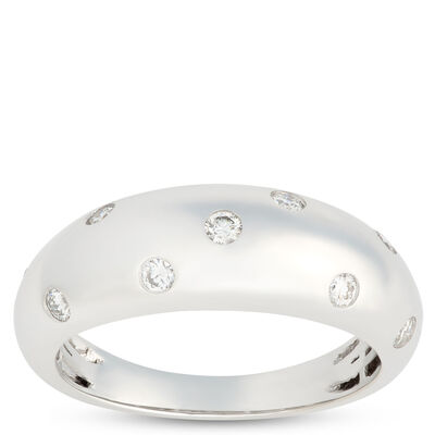 Dome Ring with Scattered Round Accent Diamonds, 14K White Gold