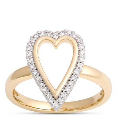 Open Center Heart Shaped Ring with Diamonds, 14K Yellow Gold