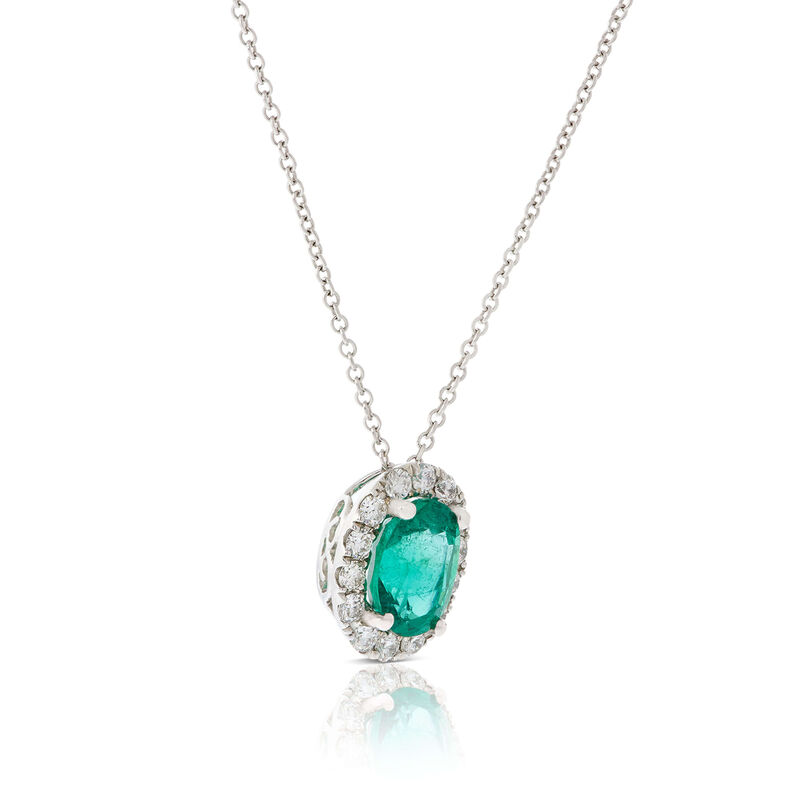 Oval Emerald & Diamond Halo Necklace 14K image number 2