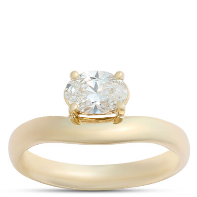 Asymmetrical Solitaire Oval Diamond Engagement Ring, 14K Yellow Gold