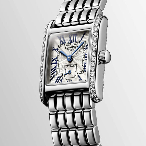 Longines Mini Dolcevita Watch Silver-Tone Dial Steel Case with Diamonds, 29mm