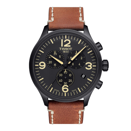 Tissot Chrono XL Black PVD Black Dial Leather Quartz Watch, 45mm