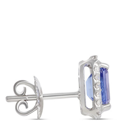 Emerald Cut Tanzanite and Diamond Studs, 14K White Gold