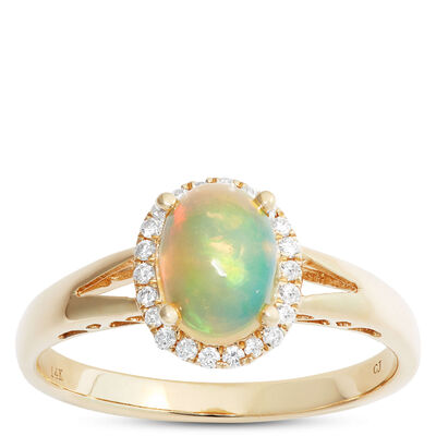 Oval Cut Opal and Diamond Halo Ring, 14K Yellow Gold