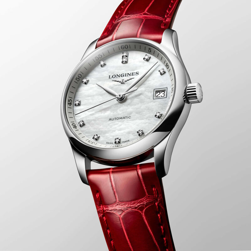 Longines Master Collection Watch Pearlecent Dial Red Leather Strap, 34mm image number 2