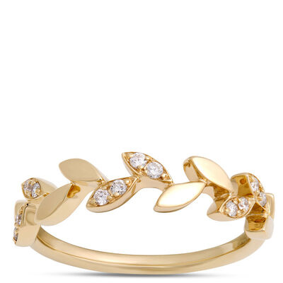 Timeless Leaf Pattern Ring with Accent Diamonds, 14K Yellow Gold