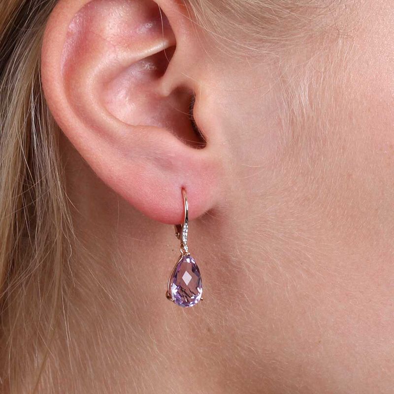 Rose Gold Pear Shaped Amethyst & Diamond Earrings 14K image number 2