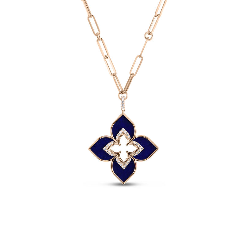 Roberto Coin 18K Rose Gold Venetian Princess Diamond And Lapis Large Flower Long Necklace image number 0