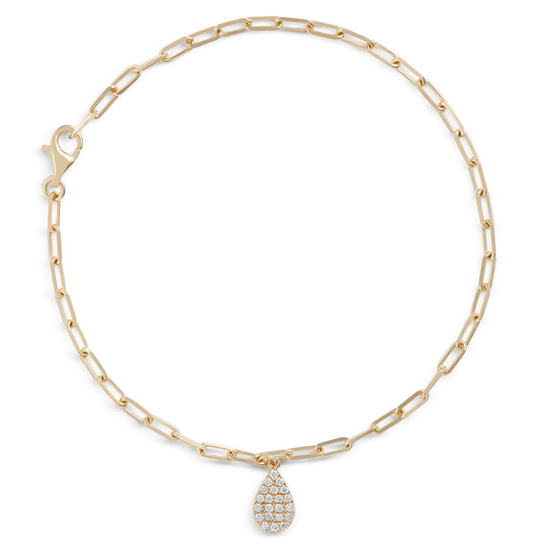 Paperclip Chain Bracelet with Pear-Shaped Pave Pendant, 14K Yellow Gold image number 0