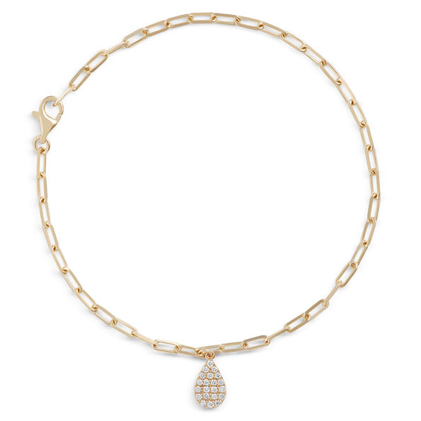 Paperclip Chain Bracelet with Pear-Shaped Pave Pendant, 14K Yellow Gold