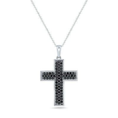 Edgy Black Diamond Cross Pendant Necklace, Sterling Silver