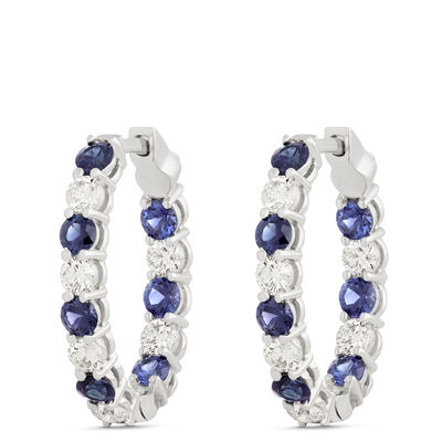 Inside Outside Sapphire and Diamond Hoop Earrings,1 &frac14; Carat Total Weight, 14K White Gold