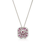 Pink Tourmaline, Baguette Ruby & Diamond Flower Necklace 14K