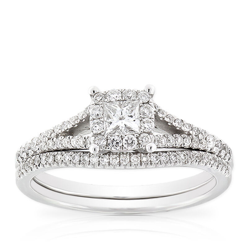Princess Cut Halo Diamond Bridal Set 14K image number 7