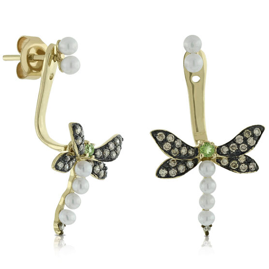 Brown Diamond, Peridot & Pearl Dragonfly Earrings 14K