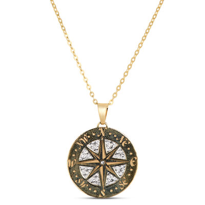 Toscano Laser Cut Compass Pendant, 14K Yellow Gold