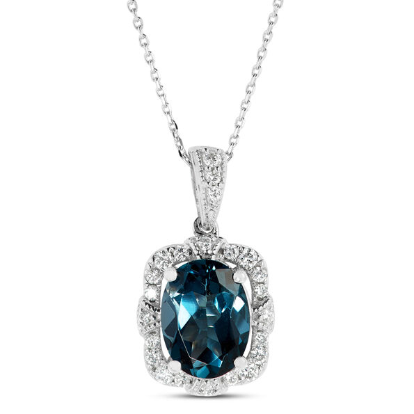 Oval Cut Blue Topaz and Diamond Halo Pendant Necklace, 14K White Gold