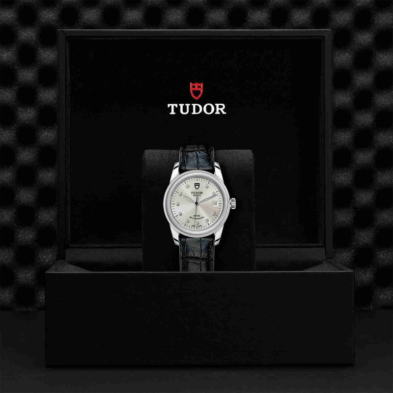 TUDOR Glamour Date Watch Silver Dial Black Leather Strap, 36mm image number 1