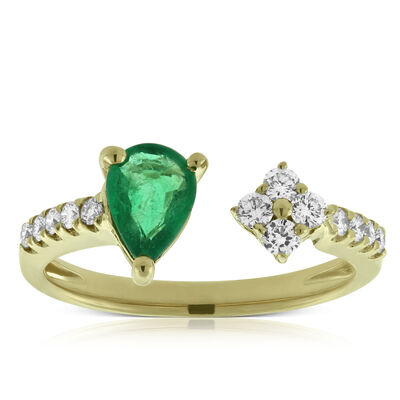 Emerald & Diamond Open Shank Ring 14K