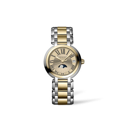 Longines PrimaLuna Watch Gold Dial Steel Bracelet, 30mm