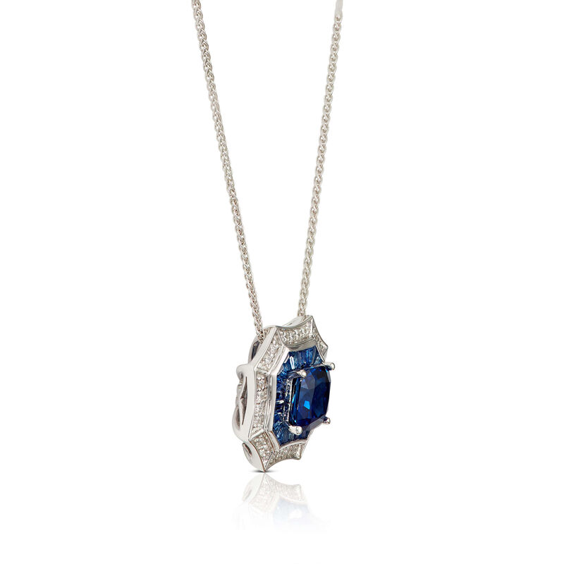 Square & Baguette Sapphire & Diamond Halo Necklace 14K image number 1