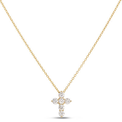 Classic Diamond Small Cross Necklace, &frac12; Carat Total Weight, 14K Yellow Gold