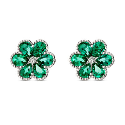 Floral Pear Shaped Emerald Studs with Round Accent Diamonds, 14K White Gold