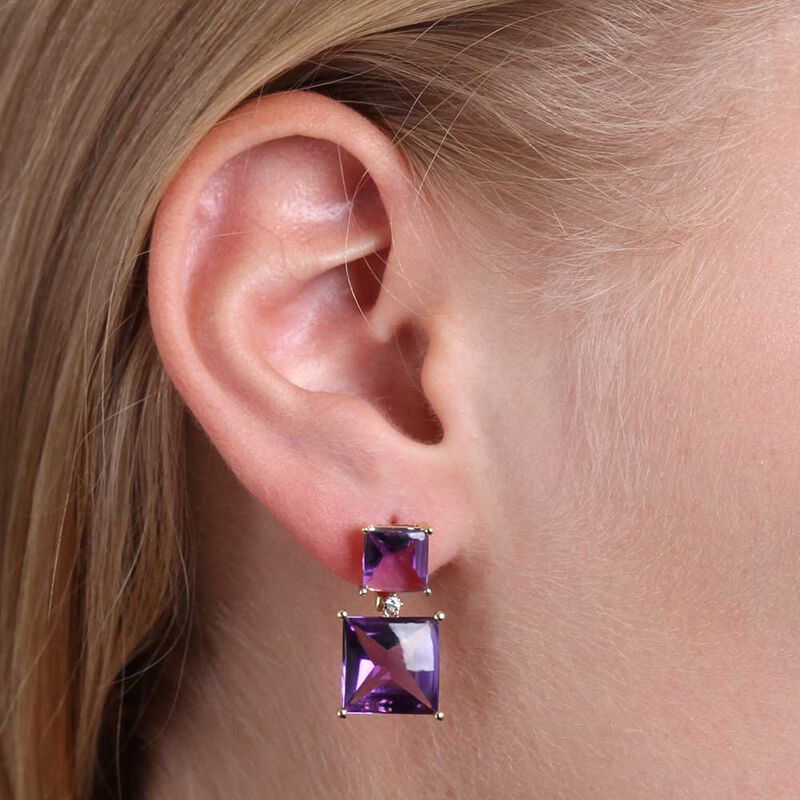 Double Square Amethyst & Diamond Earrings 14K image number 1