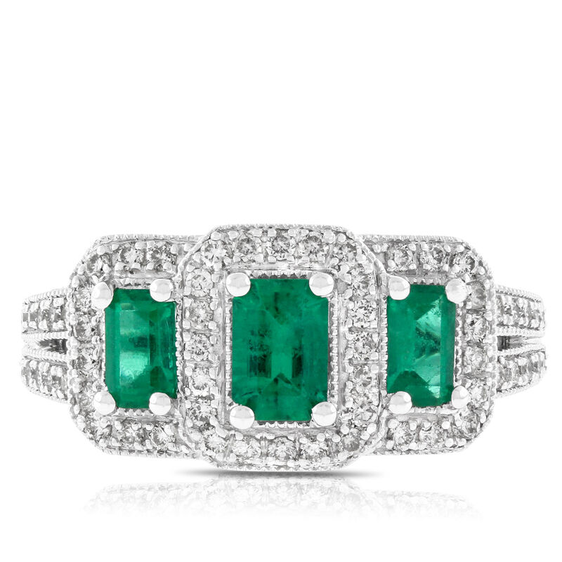 Emerald & Diamond 3-Stone Ring 14K image number 2