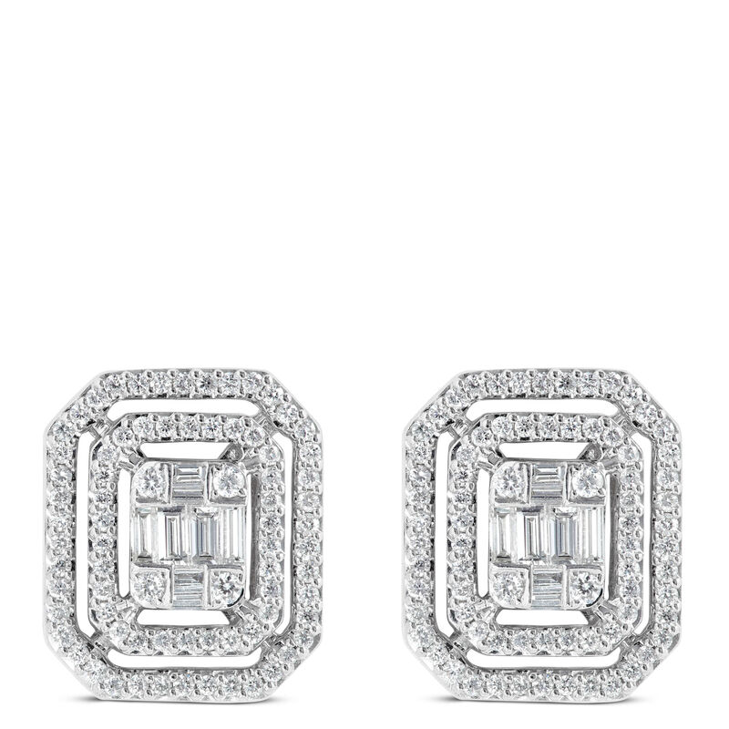 Baguette Halo Diamond Stud Earrings, 14K White Gold image number 0