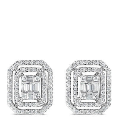 Baguette Halo Diamond Stud Earrings, 14K White Gold