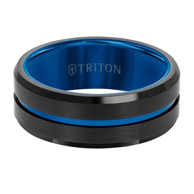 TRITON Contemporary Comfort Fit Band in Black Tungsten with Blue PVD, 8 mm&nbsp;