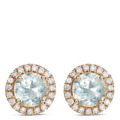 Round Cut Aquamarine and Diamond Halo Stud Earrings, 14K Yellow Gold