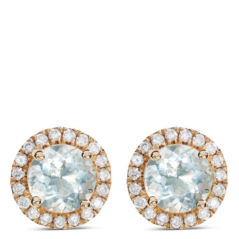 Round Cut Aquamarine and Diamond Halo Stud Earrings, 14K Yellow Gold image number 0