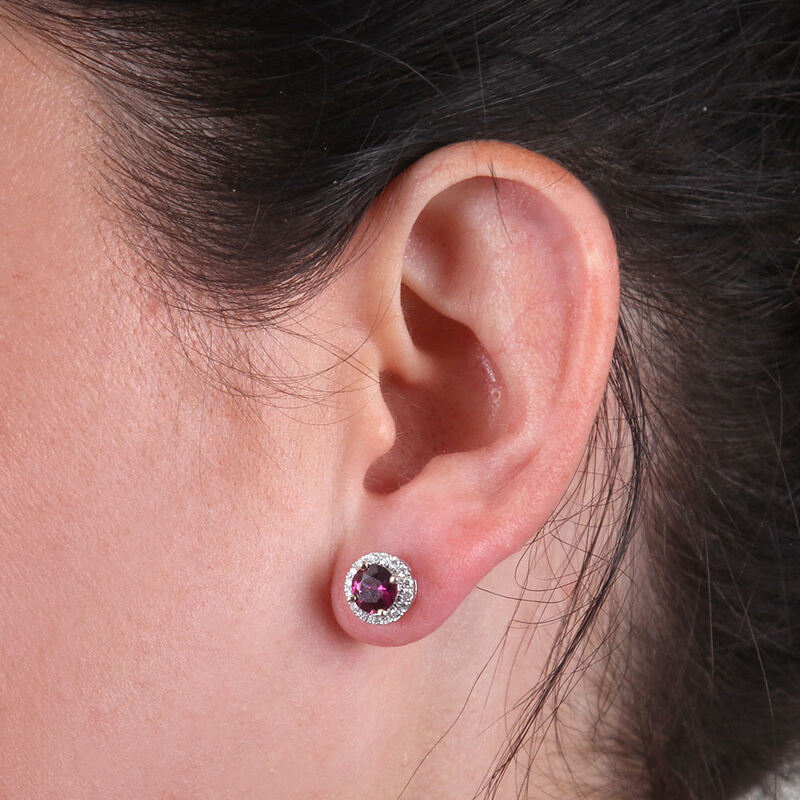Purple Garnet & Diamond Halo Earrings 14K image number 1