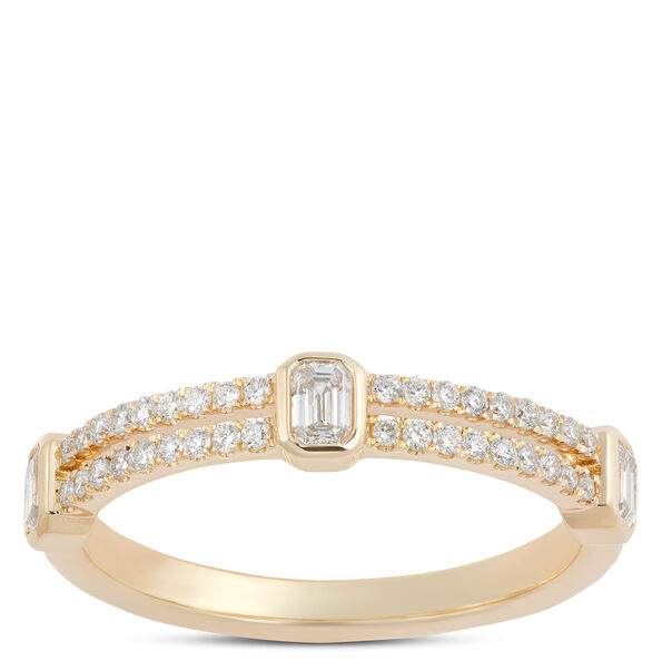 Double Row Baguette and Round Cut Diamond Anniversary Band, 14K Yellow Gold