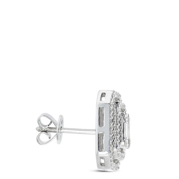 Baguette Halo Diamond Stud Earrings, 14K White Gold