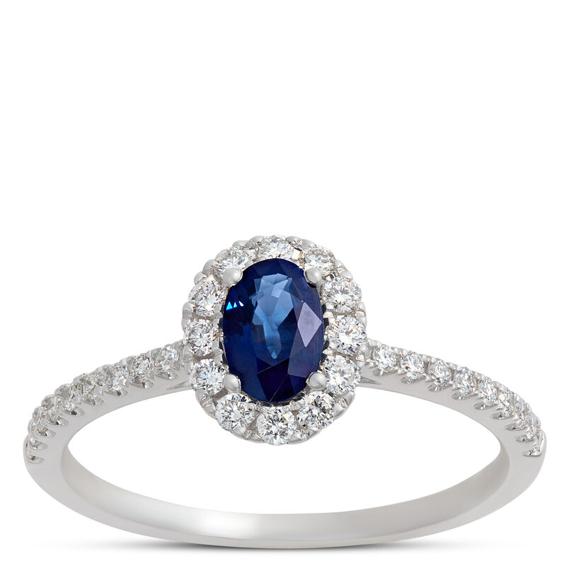 Oval Blue Sapphire and Round Diamond Ring, 14K White Gold image number 1