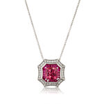 Square Pink Tourmaline, Baguette Ruby & Diamond Halo Necklace 14K