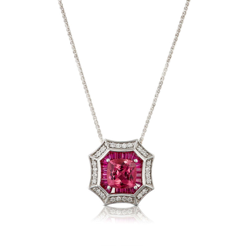 Square Pink Tourmaline, Baguette Ruby & Diamond Halo Necklace 14K image number 0