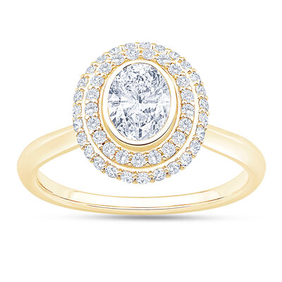 Oval Diamond Engagement Ring with Double Halo, 14K Yellow Gold