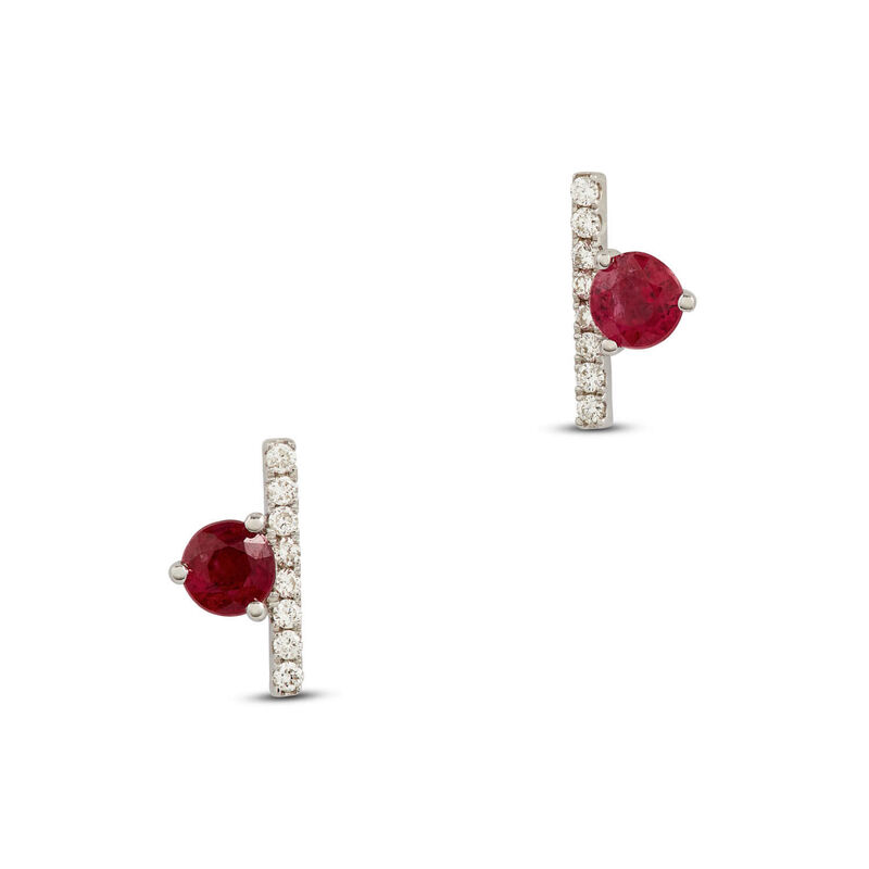 Round Ruby & Diamond Bar Stud Earrings 14K image number 0